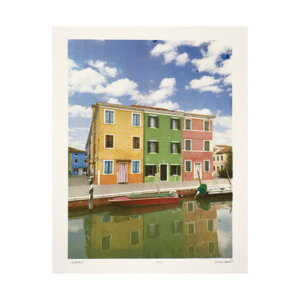 colorful 4-color silkscreen of buildings in burano, italy