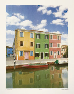 colorful silkscreen of building in Burano, Italy