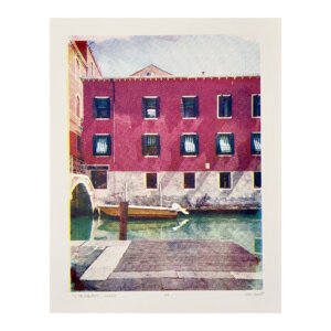 4-color silkscreen of a colorful pink building in venice on canal