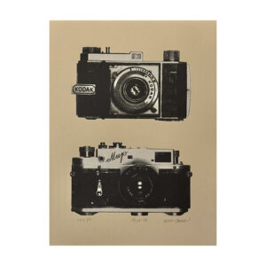 handprinted 2-color silkscreen of vintage cameras