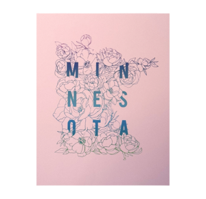 silkscreen floral print in the shape of minnesota with a split fountain rainbow roll