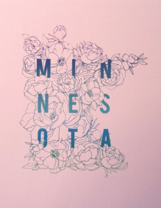 silkscreen floral print in the shape of minnesota with a split fountain rainbow roll