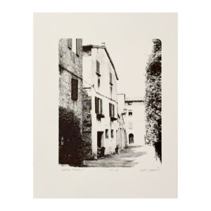 handprinted black and white silkscreen of building in pienza, italy, tuscany
